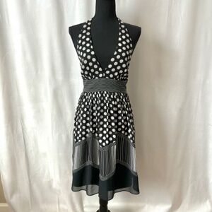 BCBGMaxAzria Silk Flowy Halter Dress Lined Backless Polka Dots Size 4